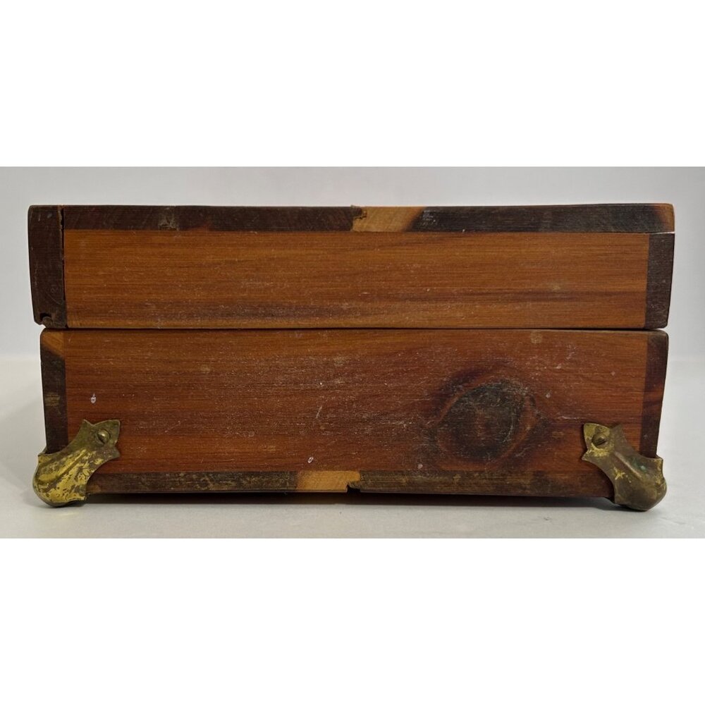 Vintage Wooden Cedar Jewelry Trinket Storage Box Metal Hinges & Feet 11.25"x3" - Picture 4 of 9